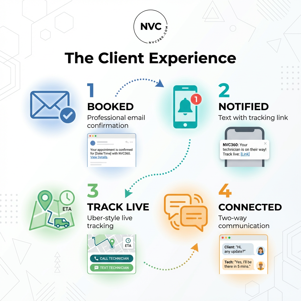NVC360 Client Experience — Booked, Notified, Track Live, Connected
