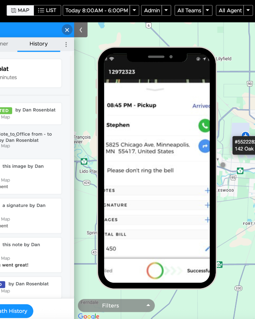 NVC360 dispatch map on mobile device