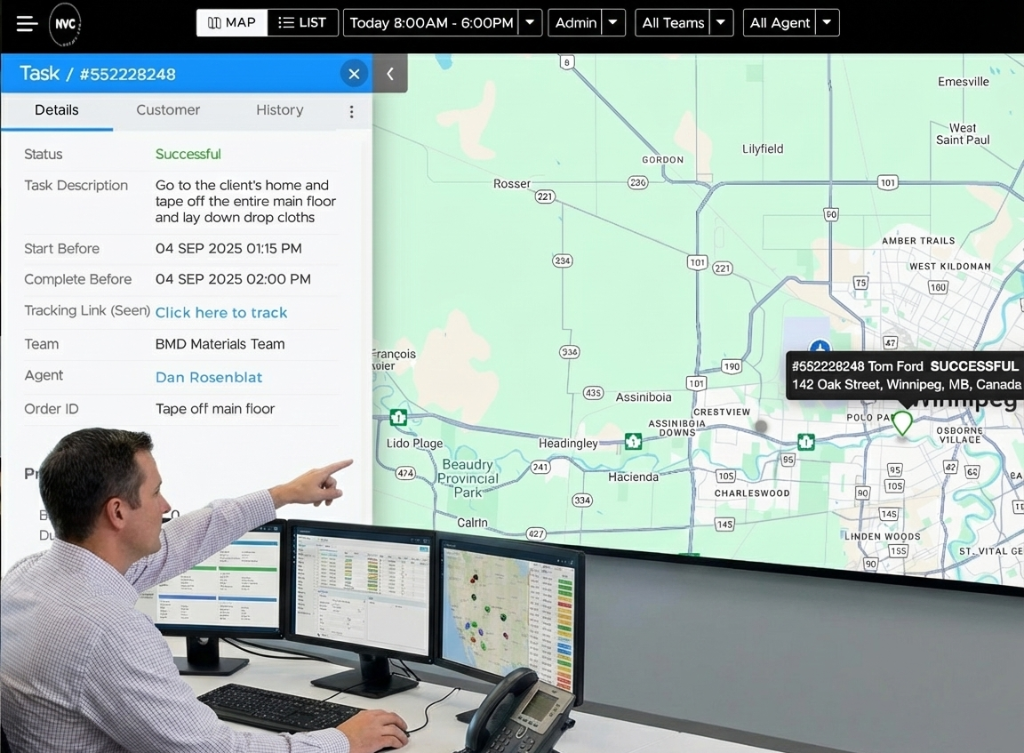 NVC360 dispatcher managing field team on live dashboard — Winnipeg, MB