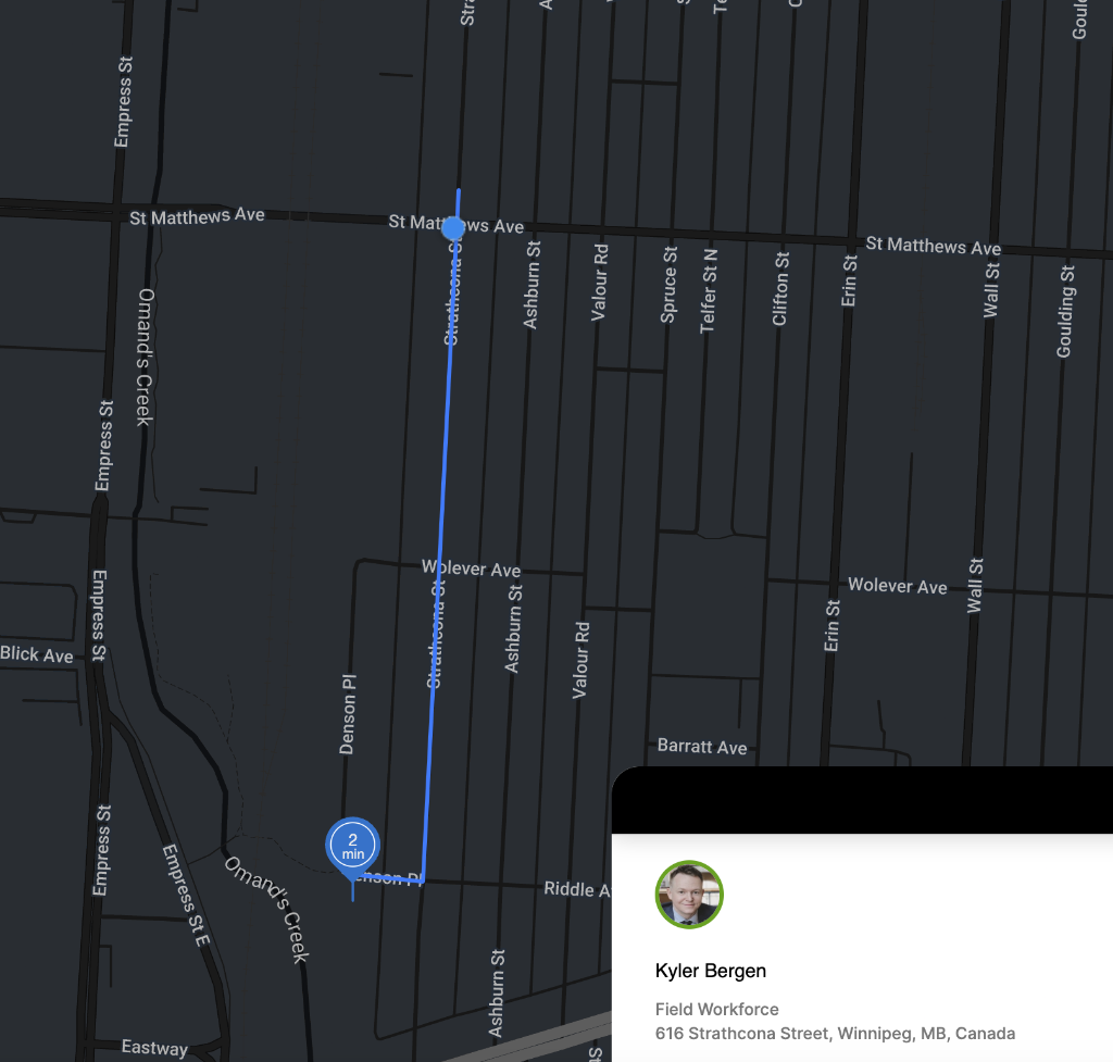 NVC360 live map view in Winnipeg with technician locations