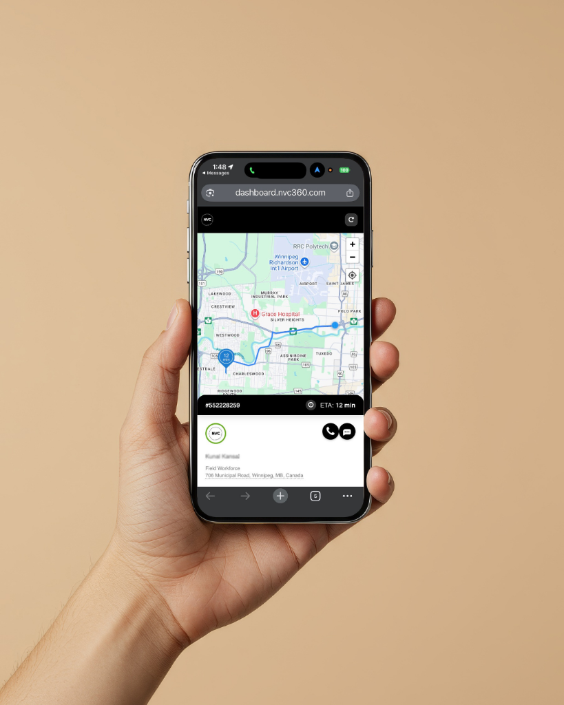 Client tracking NVC360 technician on their phone — live ETA view